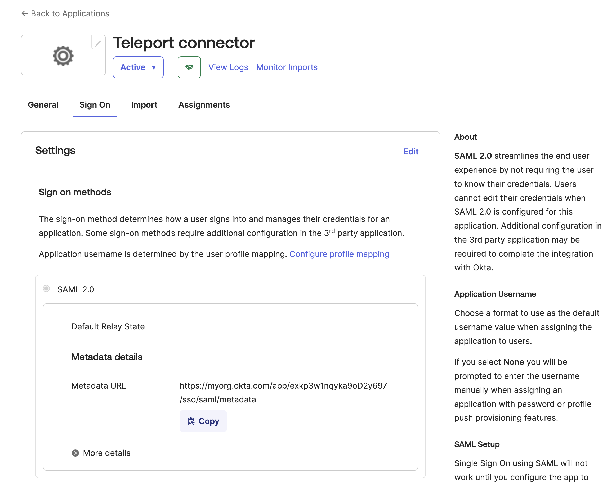 Okta SAML app metadata URL